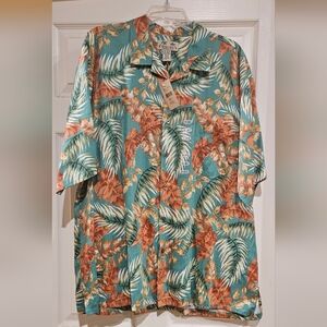 Kona Kai Trading Co Mens XXL  Tropical Leaf Print Shirt Teal/coral